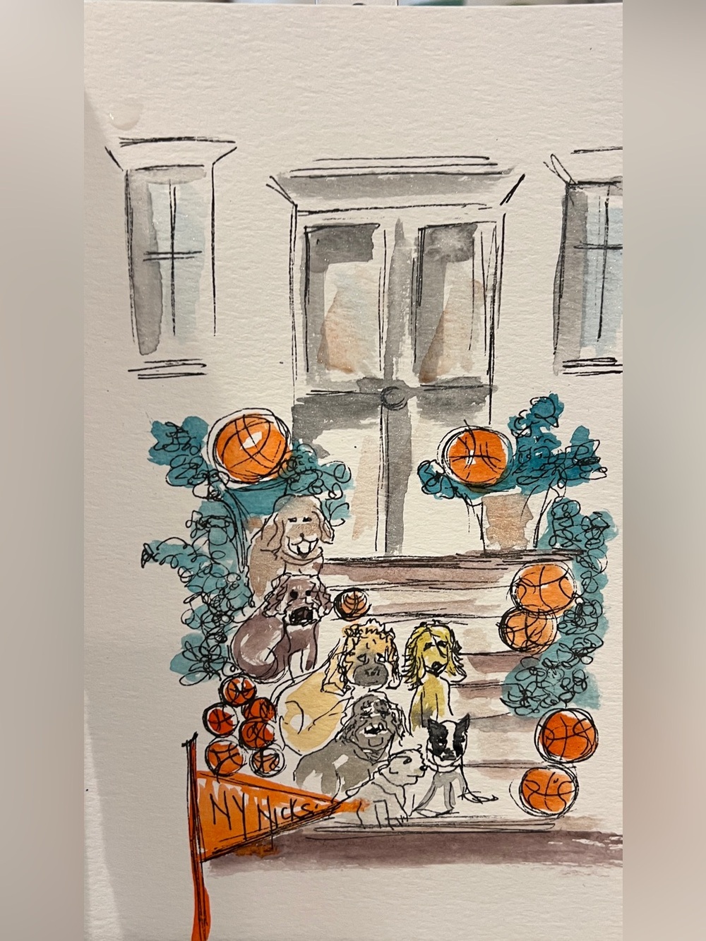 Original hand painted nyc brownstone dog life go knicks fan gift painting